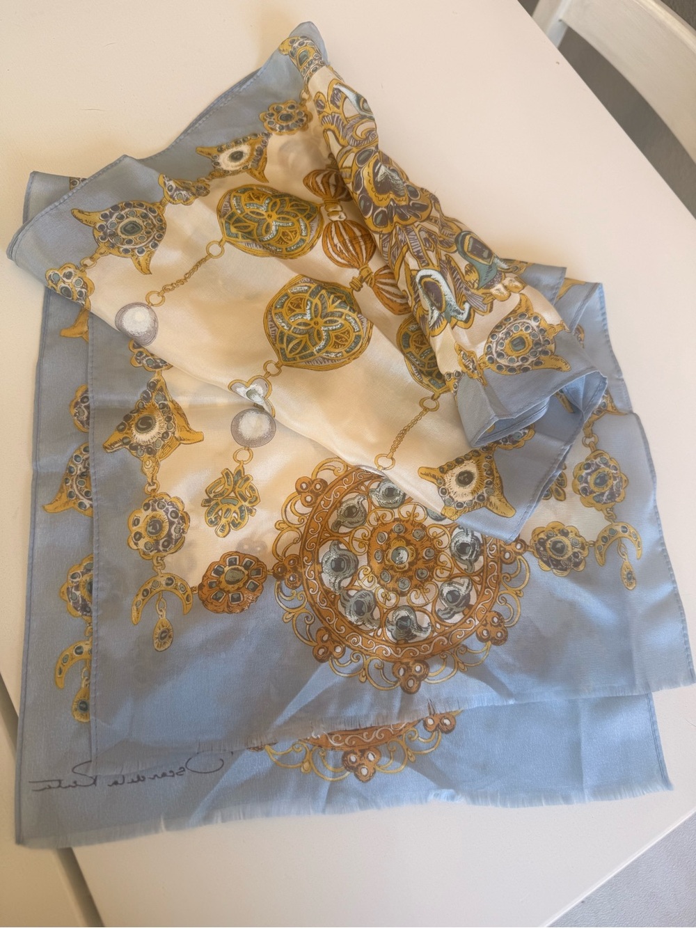 Oscar de la Renta Light Blue and Gold Silk Scarf with Cream Accents